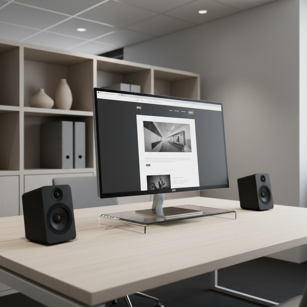 An impeccably organized workspace featuring a large, ultra-thin monitor displaying a modern website layout in monochrome hues, framed by two geometric matte-black desk speakers. The monitor rests on a structured glass riser over a pale wood desk with clean lines. In the background, understated cubist shelving holds a few neutral-toned objects—sleek vases and closed binders. Cool, indirect artificial lighting from above creates soft highlights, emphasizing the workspace's edges and textures while preventing glare. The image is shot from a slightly elevated angle to enhance the perception of space and order. The scene's mood is precise, composed, and quietly dynamic, embodying a photographic, minimalistic, and corporate visual style intended to communicate technical excellence in website services.